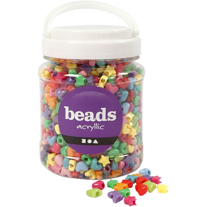 Perline in Plastica Forme Originali, diam 10 mm, misura buco 3,5 mm, colori asst., 400 g, 700 ml/ 1 vasch.