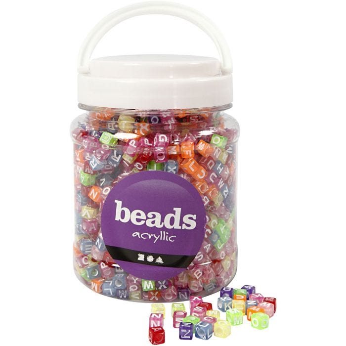 Perline Lettere, misura 7x7x7 mm, misura buco 3 mm, colori asst., 450 g, 700 ml/ 1 vasch.