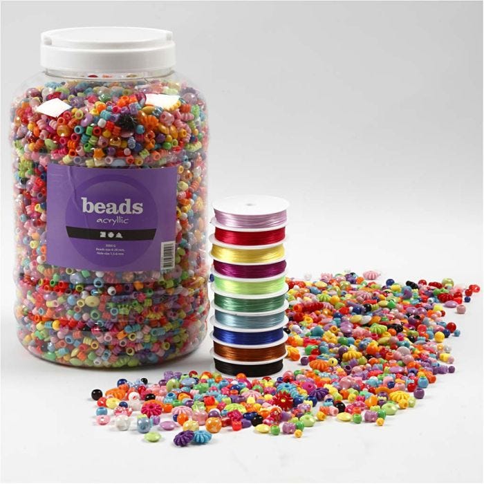 Perline in Plastica e Cordino Elastico per Gioielli, misura 6-20 mm, misura buco 1,5-6 mm, 1 conf.