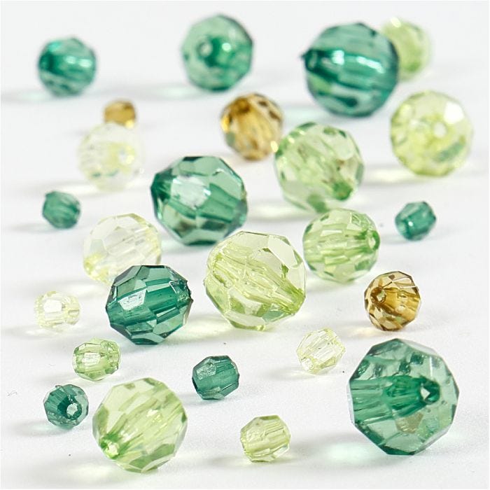 Perline sfaccettate, misura 4-12 mm, misura buco 1-2,5 mm, verde glitter, 45 g/ 1 conf.