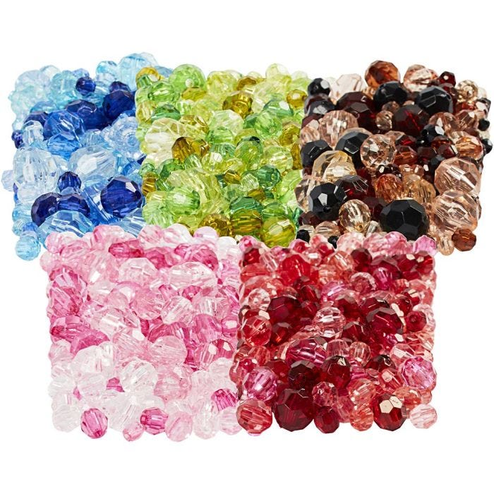 Perline sfaccettate, diam 4-12 mm, misura buco 1-2,5 mm, colori asst., 7x250 g/ 1 conf.