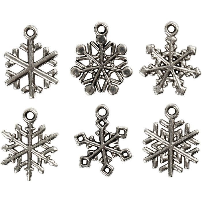 Fiocco di neve, H: 20 mm, misura buco 1,5 mm, argento antico, 18 asst./ 1 conf.