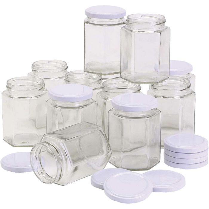 Barattolo in vetro esagonale, H: 8 cm, diam 7 cm, 180 ml, 12 pz/ 1 conf.