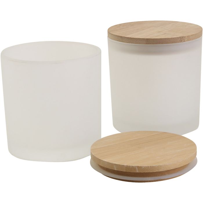 Barattoli in vetro con coperchi in legno, H: 9 cm, diam 8 cm, misura 8 cm, 315 ml, 12 pz/ 1 conf.