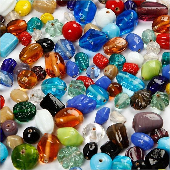 Perline di vetro, misura 7-18 mm, misura buco 1 mm, colori asst., 1000 g/ 1 conf.