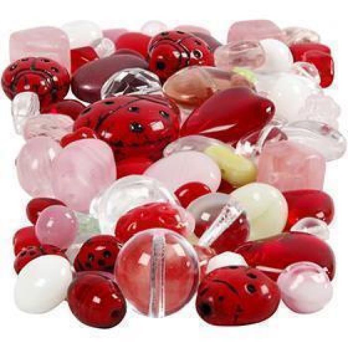 Perle di vetro, Coccinelle, foglie, cuori, misura 5-22 mm, misura buco 0,5-1,5 mm, colori asst., 60 g/ 1 conf.