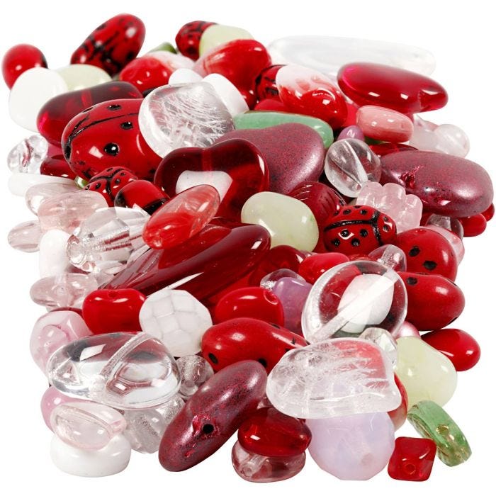 Perle di vetro, coccinelle, foglie, cuori, diam 5-22 mm, misura buco 0,5-1,5 mm, colori asst., 350 g/ 1 conf.