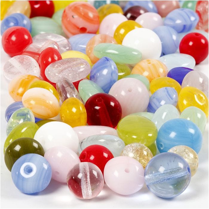Perle di vetro, tondo, ovale, circolare, diam 6-13 mm, misura buco 0,5-1,5 mm, colori asst., 60 g/ 1 conf.