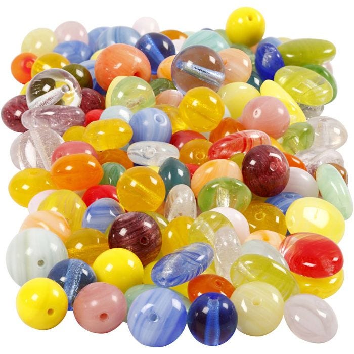 Perle di vetro, tondo, ovale, circolare, diam 6-13 mm, misura buco 0,5-1,5 mm, colori asst., 350 g/ 1 conf.