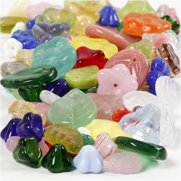 Perle di vetro, foglie, fiori, diam 6-17 mm, misura buco 0,5-1,5 mm, colori asst., 60 g/ 1 conf.