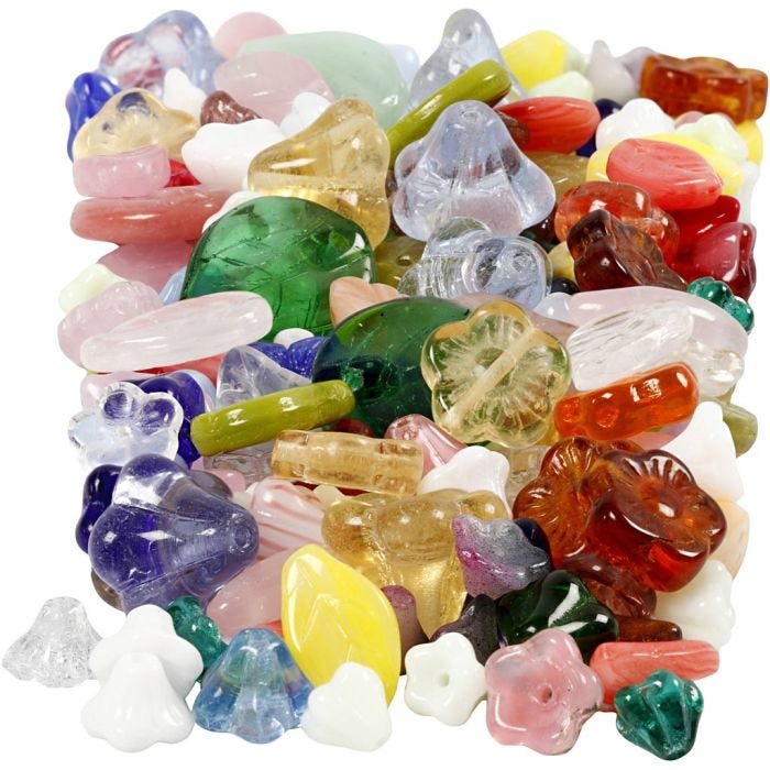 Perle di vetro, foglie, fiori, 6-17 mm, 0,5-1,5 mm, colori asst., 350g/ 1 conf.