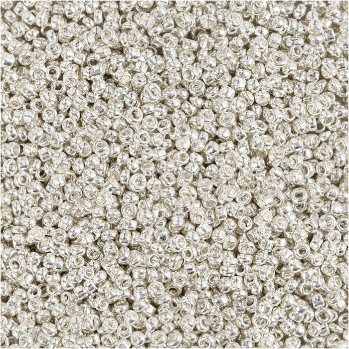 Perline Rocaille, diam 1,7 mm, misura 15/0, misura buco 0,5-0,8 mm, argento metallizzato, 25 g/ 1 conf.
