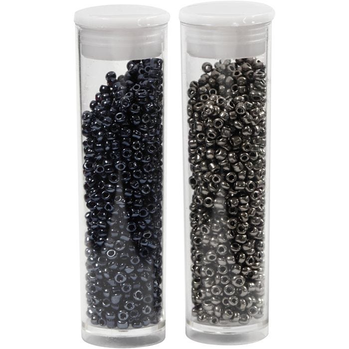 Perline Rocaille, diam 1,7 mm, misura 15/0, misura buco 0,5-0,8 mm, nero, grigio scuro metallico, 2x7 g/ 1 conf.