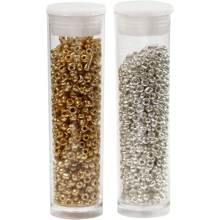 Perline Rocaille, diam 1,7 mm, misura 15/0, misura buco 0,5-0,8 mm, oro, argento, 2x7 g/ 1 conf.