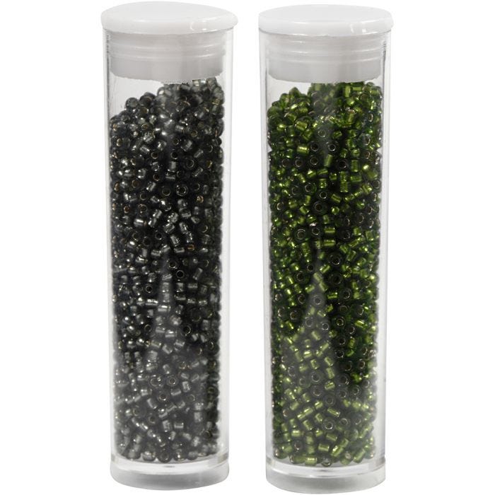 Perline Rocaille, diam 1,7 mm, misura 15/0, misura buco 0,5-0,8 mm, verde erba, grigio verde, 2x7 g/ 1 conf.