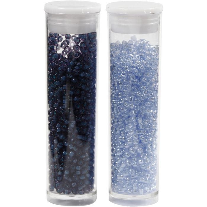Perline Rocaille, diam 1,7 mm, misura 15/0, misura buco 0,5-0,8 mm, azzurro, blu scuro, 2x7 g/ 1 conf.