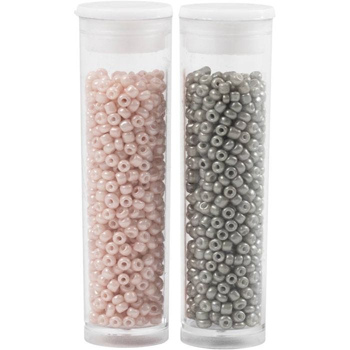 Perline Rocaille, diam 1,7 mm, misura 15/0, misura buco 0,5-0,8 mm, grigio chiaro, rosa pallido, 2x7 g/ 1 conf.