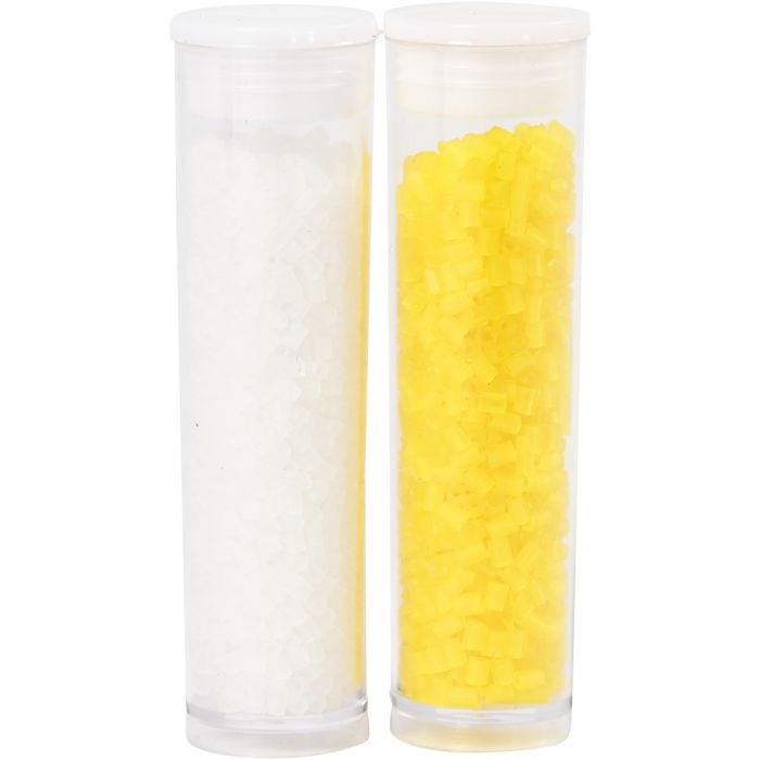 Perline rocaille 2-cut, diam 1,7 mm, misura 15/0, misura buco 0,5 mm, bianco, transparent giallo, 2x7 g/ 1 conf.