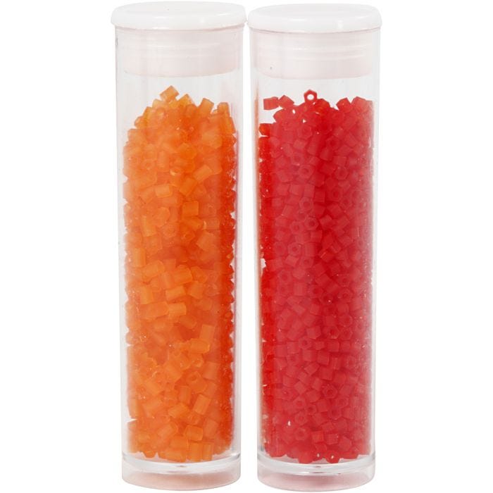 Perline rocaille 2-cut, diam 1,7 mm, misura 15/0, misura buco 0,5 mm, transparent arancio, transparent rosso, 2x7 g/ 1 conf.