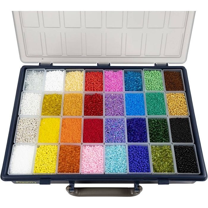 Perline Rocaille, diam 1,7+3+4 mm, misura 6/0+8/0+12/0, misura buco 0,5-1,2 mm, colori può variare , 32x100 g/ 1 conf.