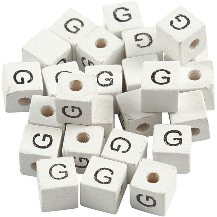 Perlina lettera, G, misura 8x8 mm, misura buco 3 mm, bianco, 25 pz/ 1 conf.
