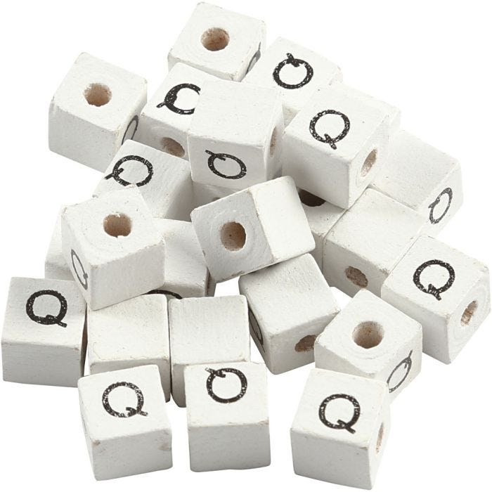 Perlina lettera, Q, misura 8x8 mm, misura buco 3 mm, bianco, 25 pz/ 1 conf.