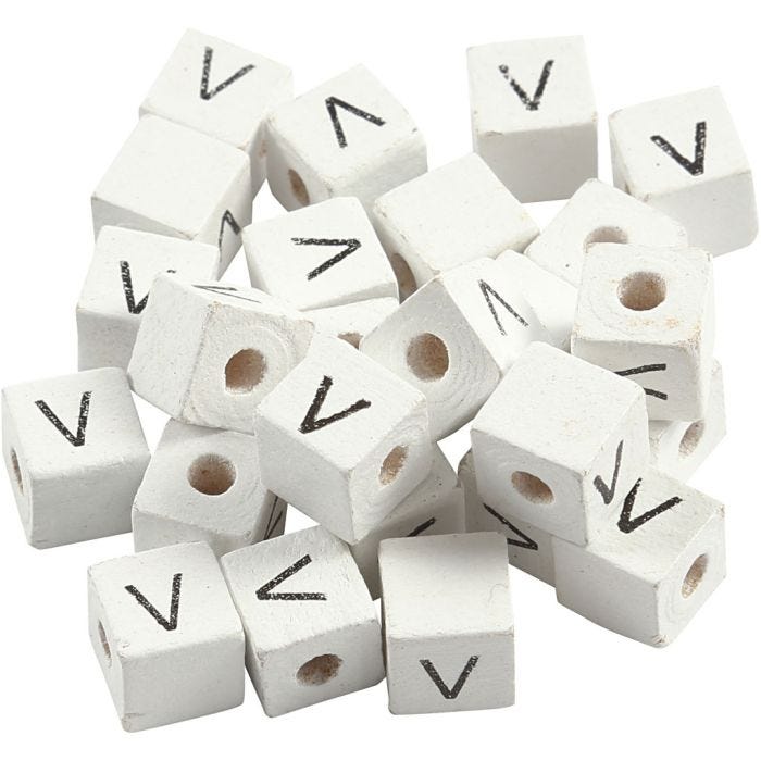 Perlina lettera, V, misura 8x8 mm, misura buco 3 mm, bianco, 25 pz/ 1 conf.