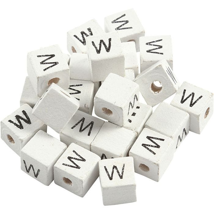 Perlina lettera, W, misura 8x8 mm, misura buco 3 mm, bianco, 25 pz/ 1 conf.