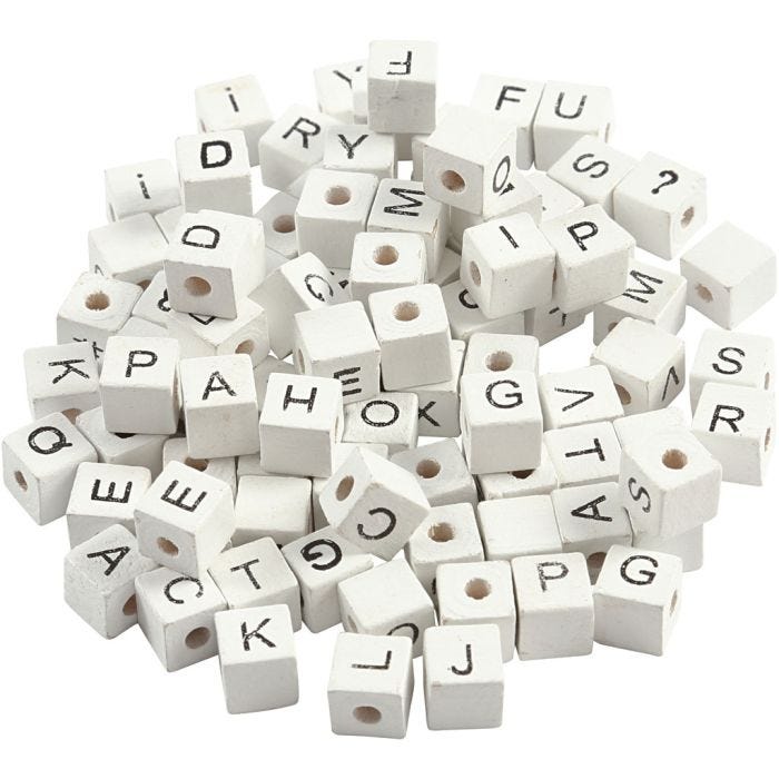 Perlina lettera, A-Z, &amp;, #, ?, misura 8x8 mm, misura buco 3 mm, bianco, 96 asst./ 1 conf.