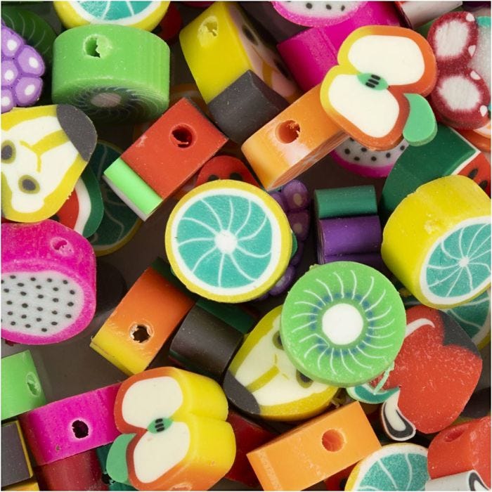 Perline con Figura, Frutta, diam 10 mm, misura buco 1,5 mm, 60 pz/ 1 conf.