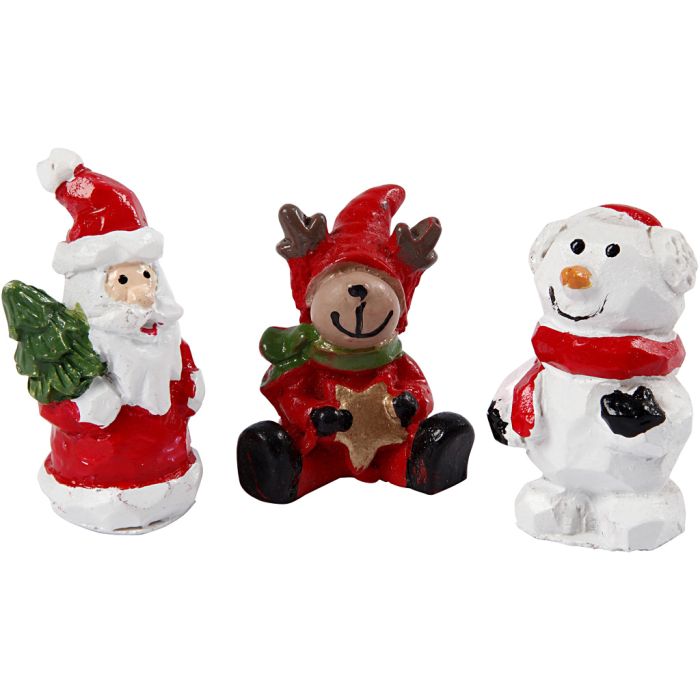 Piccole figure, Babbo Natale, renna e pupazzo di neve, H: 35 mm, L: 10 mm, 3 pz/ 1 conf.