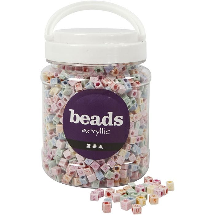 Perline lettere, misura 6x6 mm, misura buco 3 mm, 500 g, 700 ml/ 1 vasch.