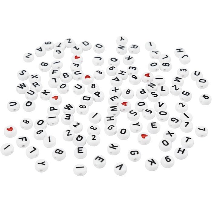 Perline lettere, misura 7 mm, misura buco 1,2 mm, bianco, 25 g/ 1 conf.