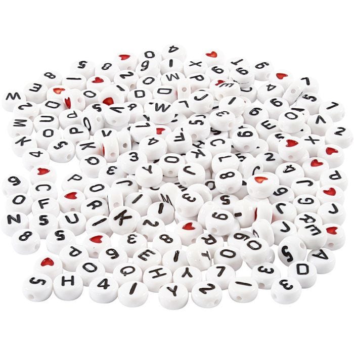 Perline lettere, misura 7 mm, misura buco 1,2 mm, bianco, 200 g/ 1 conf.