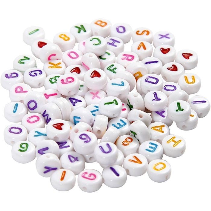 Perline lettere, misura 7 mm, misura buco 1,2 mm, bianco, 25 g/ 1 conf.