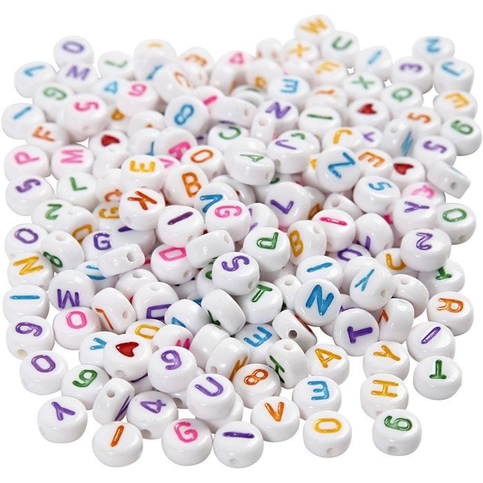 Perline lettere, misura 7 mm, misura buco 1,2 mm, bianco, 200 g/ 1 conf.
