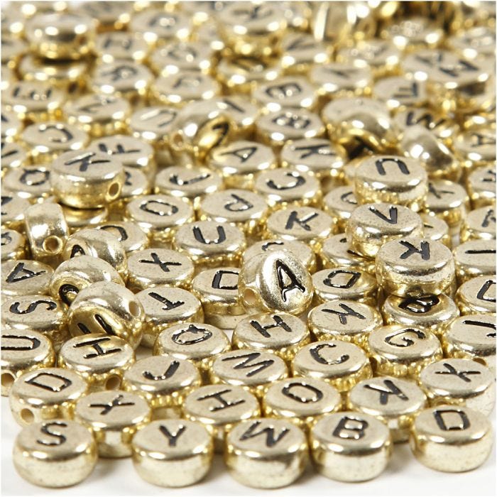 Perle lettere, diam 7 mm, misura buco 1,2 mm, oro, 21 g/ 1 conf.