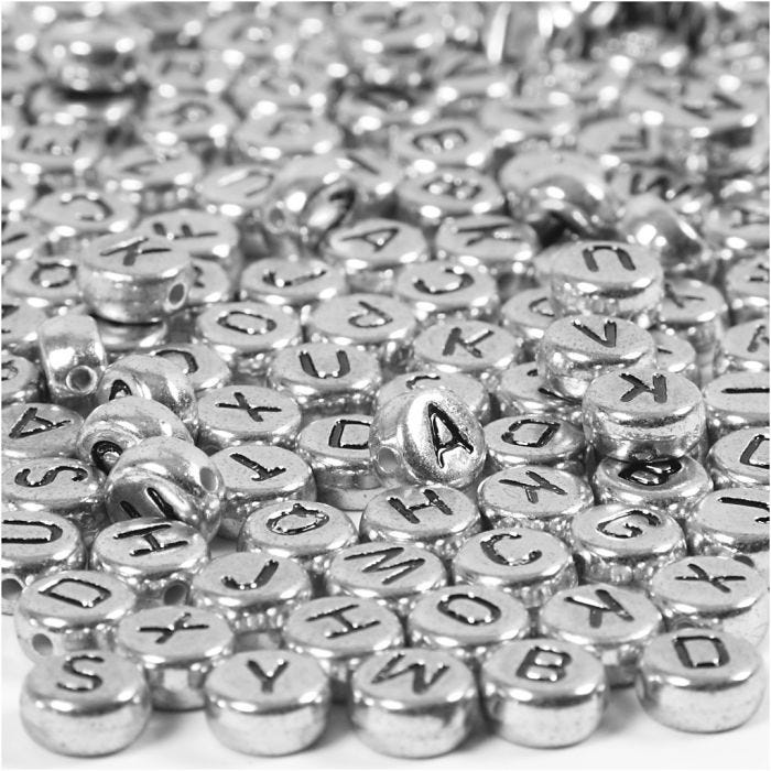 Perle lettere, diam 7 mm, misura buco 1,2 mm, argento, 21 g/ 1 conf.