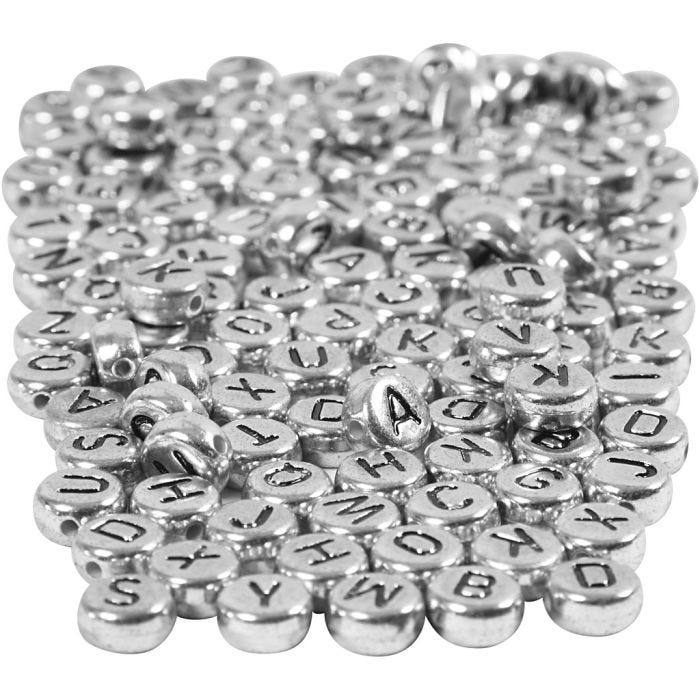 Perle lettere, diam 7 mm, misura buco 1,2 mm, argento, 165 g/ 1 conf.