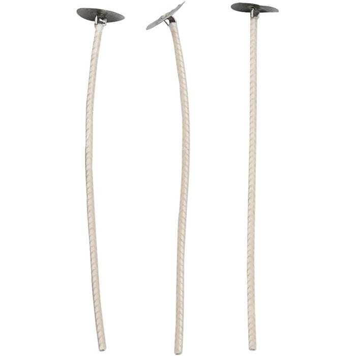 Stoppini per candele in contentiore, Adatto per contenitori con diametro di 20-65 mm, L: 10 cm, spess. 2 mm, 50 pz/ 1 conf.