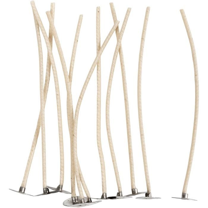 Stoppini per candele in contentiore, Adatto per contenitori con diametro di 20-65 mm, L: 110 mm, spess. 2 mm, 10 pz/ 1 conf.