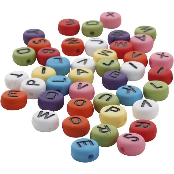 Perline rotonde con lettere, diam 7 mm, misura buco 1-2 mm, spess. 4 mm, colori asst., 500 g/ 1 conf.