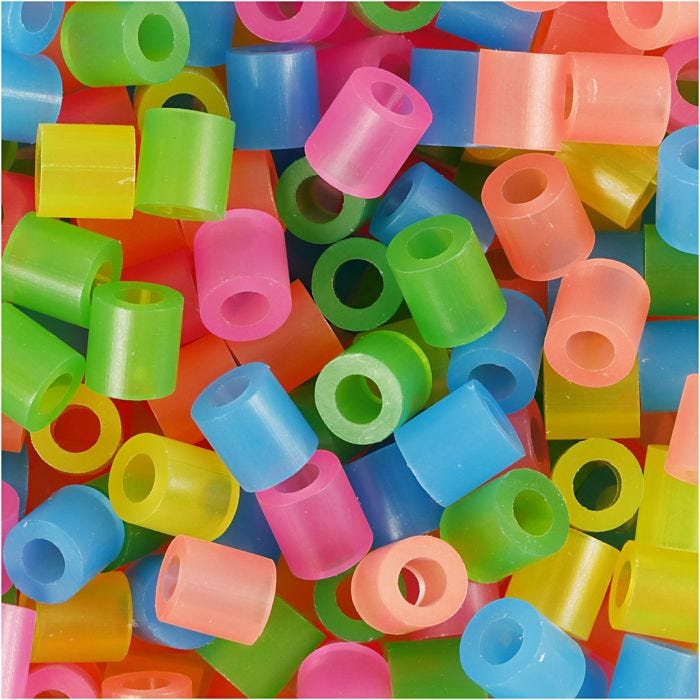 Perline a tubetto, misura 5x5 mm, misura buco 2,5 mm, medium, colori neon, 20000 asst./ 1 secch.