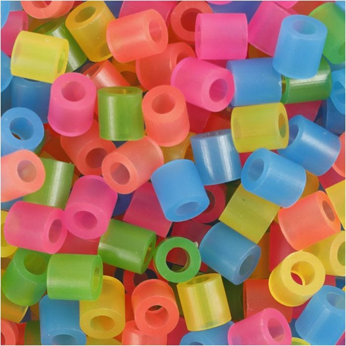Perline a tubetto, misura 5x5 mm, misura buco 2,5 mm, medium, colori neon, 1100 asst./ 1 conf.