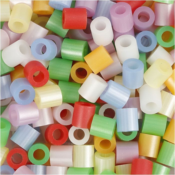 Perline a tubetto, misura 5x5 mm, misura buco 2,5 mm, medium, colori perlati, 5000 asst./ 1 secch.