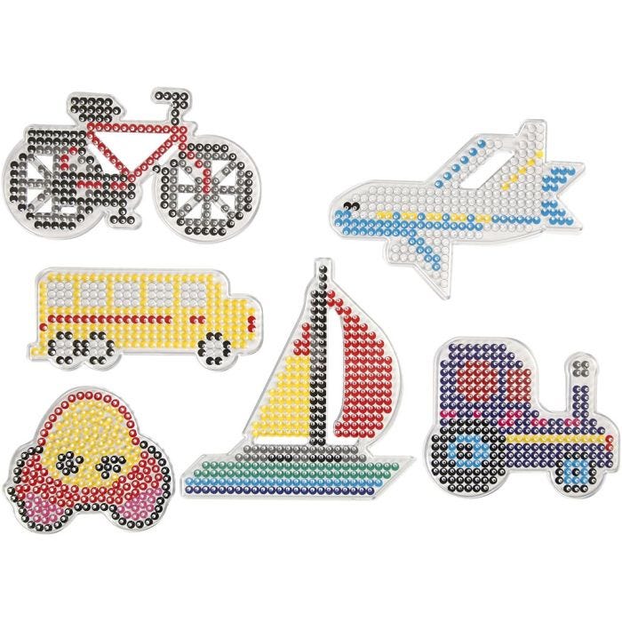 Pannello a pioli, auto, aeroplano, nave, trattore, autobus e bicicletta, misura 9x9,5+11x16 cm, medium, 6 pz/ 1 conf.