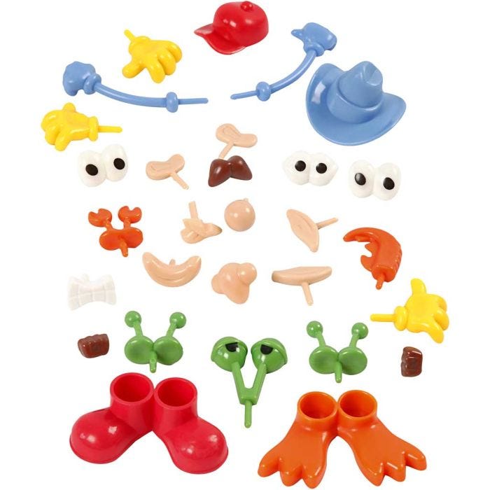 Parti del corpo, misura 0,8-6,8 cm, colori asst., 26 pz/ 1 conf.