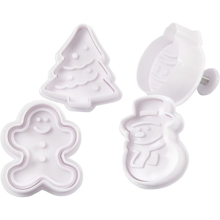 Tagliabiscotti con timbro, Albero di Natale, pupazzo di neve, omino di pan di zenzero, pallina di Natale, H: 5 cm, bianco, 4 pz/ 1 conf.