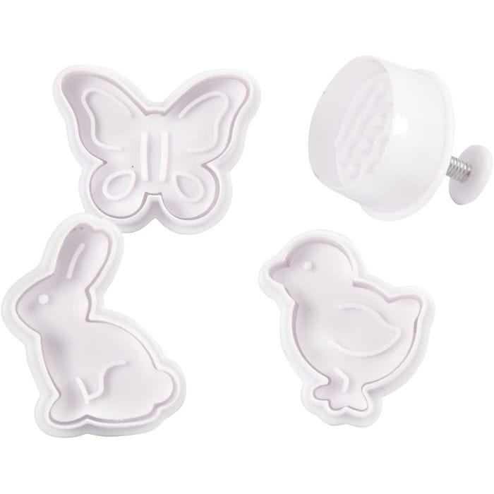 Tagliabiscotti con timbro, Uovo di Pasqua, lepre, pulcino, farfalla, H: 5 cm, bianco, 4 pz/ 1 conf.