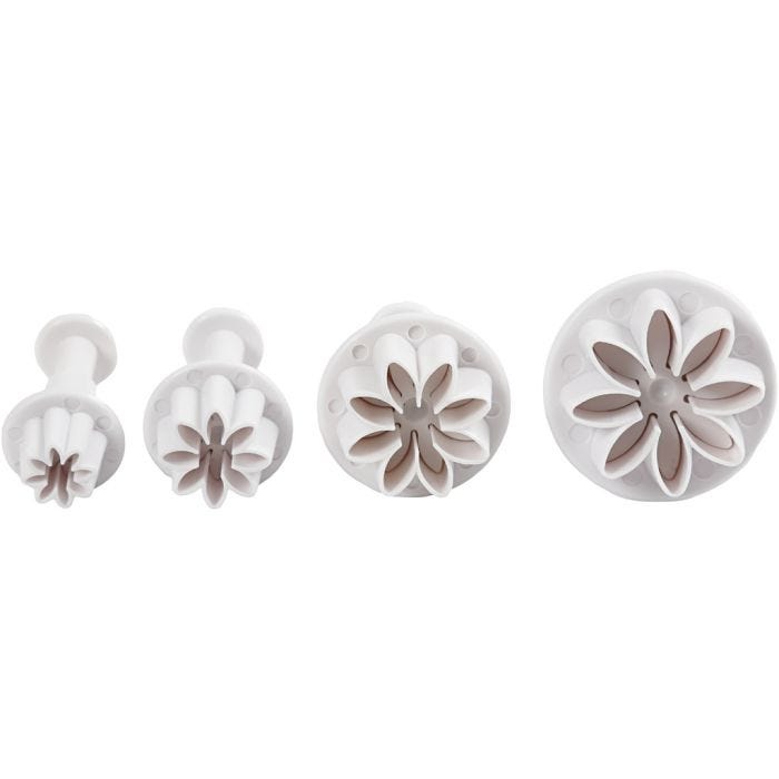 Tagliabiscotti con timbro, fiore, diam 2,3+2,8+3,6+4,4 cm, bianco, 4 pz/ 1 conf.